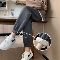 Lamb suede sports pants female autumn winter dark grey plus suede thickened outwear pants loose toe casual light cage pants