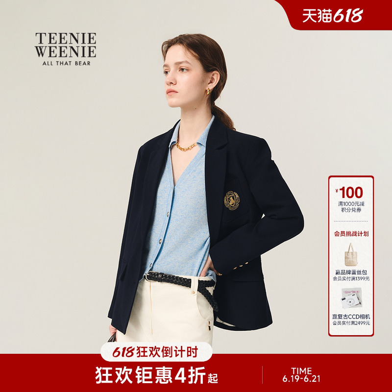 【Gold Button Blazer】Teenieweenie Women's Bear Print College Style Commuter Short Blazer Jacket