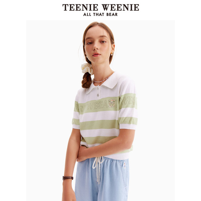 TeenieWeenie Bear summer casual hollow ບາງສະດວກສະບາຍ sweater ແຂນສັ້ນ striped ສະດວກສະບາຍສໍາລັບແມ່ຍິງ