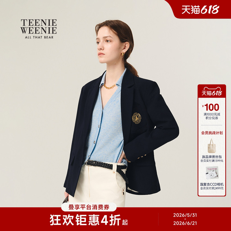 【Gold Button Blazer】Teenieweenie Women's Bear Print College Style Commuter Short Blazer Jacket