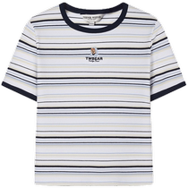 TeenieWeenie Bear Womens 2024 Summer New Round Neck Striped Short Sleeve T-Shirt Slim Top for Women