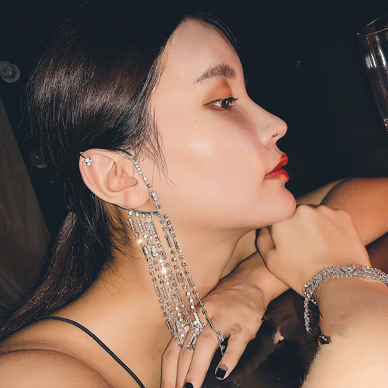 Net red with the same luxurious water drill flow Sulong earrings inlaid drill retro name Zircon Zircons Stones Exaggerated Ear Pendant Ear Clip