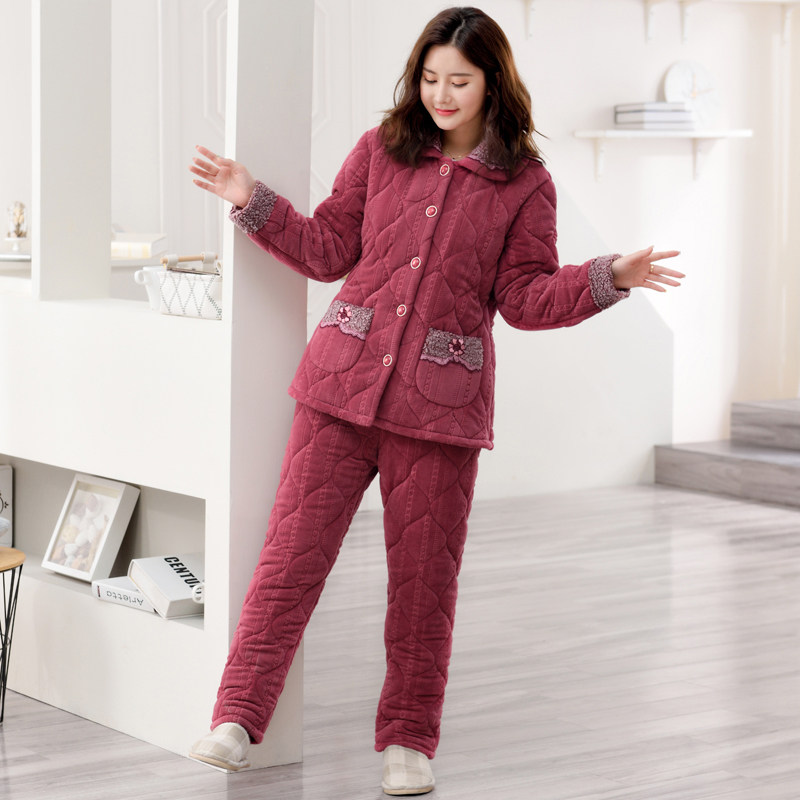 Laid Cotton Pyjamas Woman Autumn Winter Thickened gushed Coral Suede Middle Aged Mother Triple Flannel Suede Suit Suit