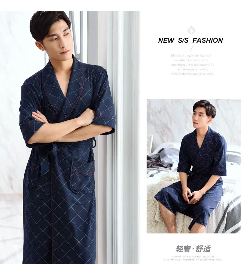 Áo ngủ nam mùa hè ngắn tay áo cotton mùa xuân và mùa thu Áo choàng mỏng kẻ sọc dài Áo choàng tắm Nhật Bản mùa hè Bộ đồ ngủ Xiêm quần áo ngủ