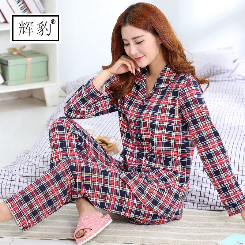 Pajamas women's spring and autumn cotton long-sleeved middle-aged mother summer thin large size plaid home clothes for the elderly set