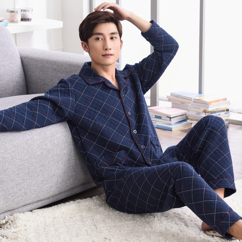 Men Sleeping Clothes Autumn Winter Pure Cotton Thickened Mezzanine External Wear Air Cotton Triple Clip Cotton Warm Housesuit Suit
