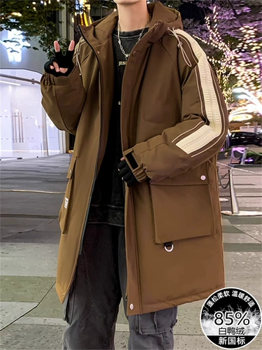 Зимний длинный пуховик для мальчиков с капюшоном, бархатная куртка, средней длины, подходит для подростков, большой размер, утиный пух, оверсайз