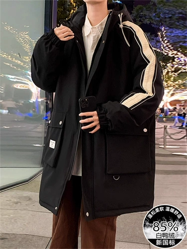 Зимний длинный пуховик для мальчиков с капюшоном, бархатная куртка, средней длины, подходит для подростков, большой размер, утиный пух, оверсайз