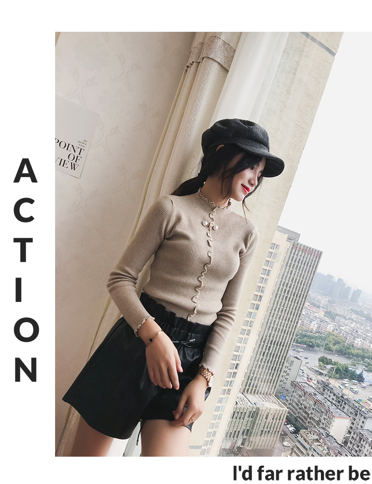 Phiên bản Hàn Quốc của áo len cổ cao đính cườm nửa cổ áo len cổ cao của phụ nữ đặt bên trong áo sơ mi dài tay Slim mặc áo dệt kim chạm đáy áo len cổ lọ