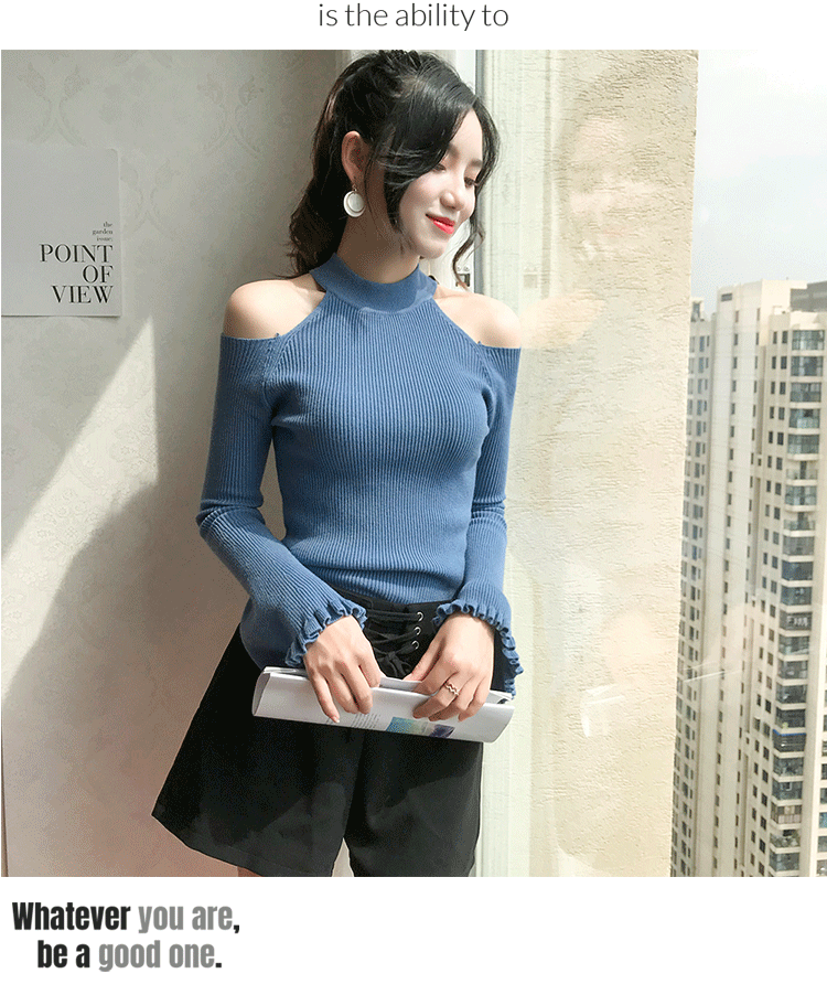 Mùa thu đông mới màu rắn cổ tròn treo cổ quây sừng áo len dài tay nữ Slim áo len học sinh mỏng áo gile hàn