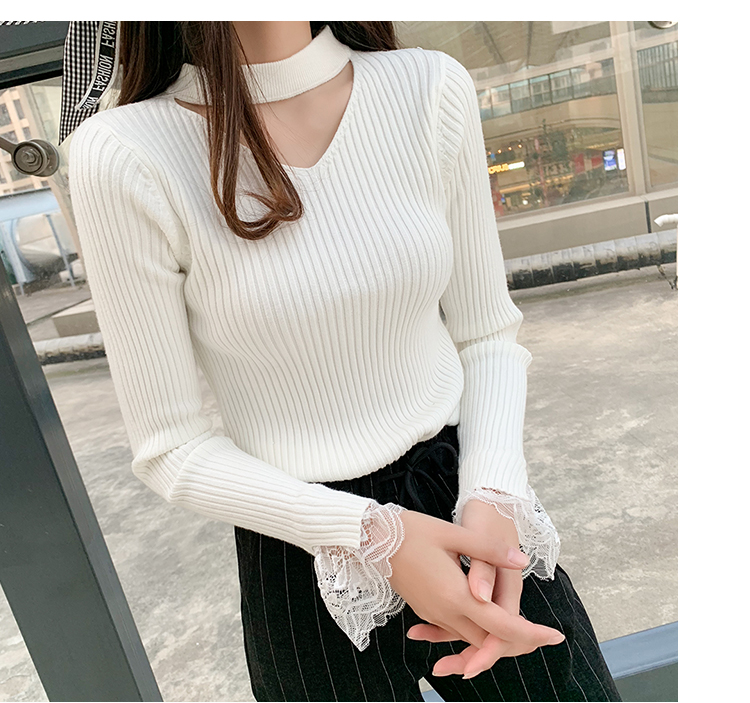Phiên bản Hàn Quốc mới của cổ áo treo cổ chữ V rỗng cổ áo len ren nữ Áo len mỏng áo thun đáy áo khoác mùa đông áo len trắng