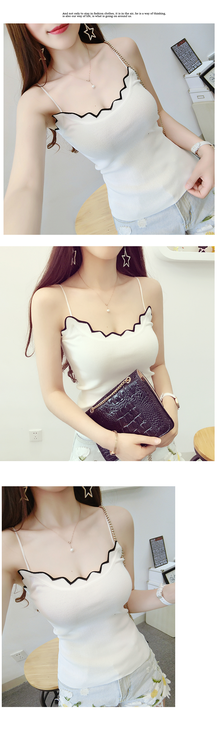 Mùa hè phiên bản mới của Hàn Quốc hoang dã sóng cổ mỏng dây đeo vai đan dây đeo bên trong mặc áo không tay quần áo nữ