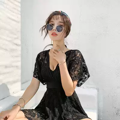 Large size lace hot spring solid color swimsuit female Conservative fat mm200 Jin belly thin 2020 Summer Korea ins