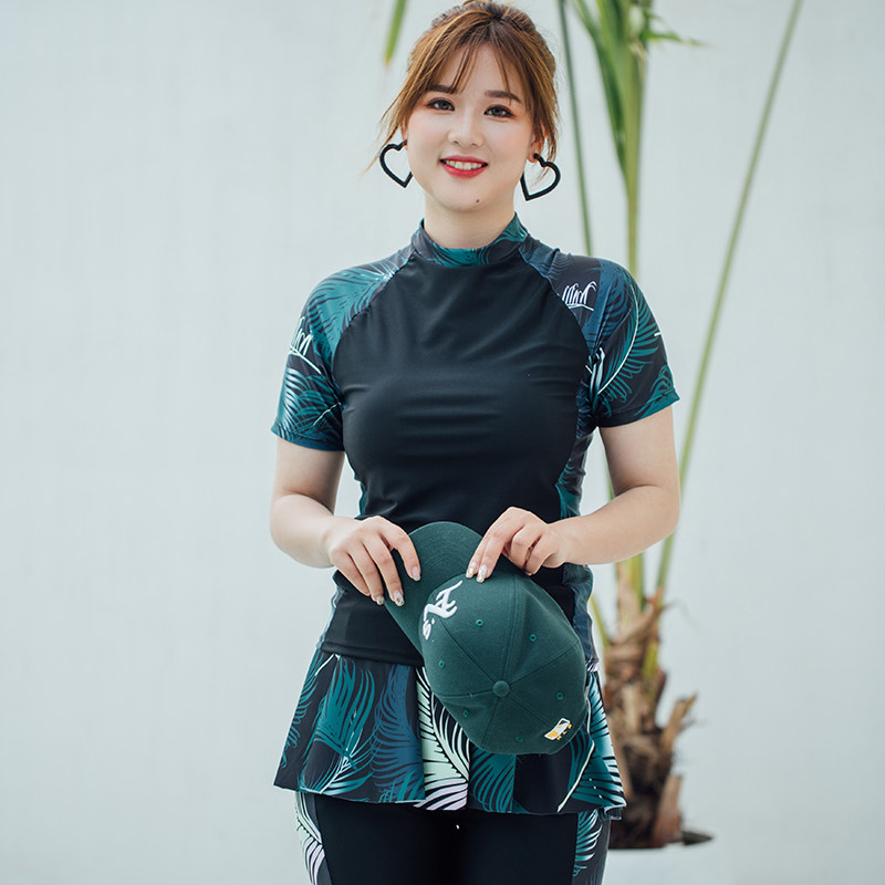 Big code swimsuit ladies split conservative fat mm Belly Button Slim Short Sleeve Long Pants Swimsuit Spa Three Sets New-Taobao