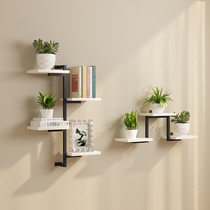 Wall flower stand wrought iron solid wood retro shelf wall hanging one-word clapboard laminate bookshelf decoration multi-layer free punching