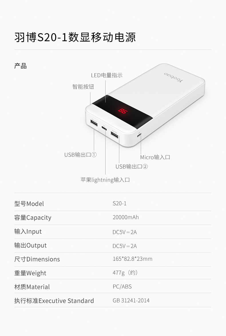 Yu Bo] [chính hãng ban đầu sạc Po 20000 mA LED công suất lớn liquid crystal display thông minh điện thoại di động - Ngân hàng điện thoại di động pin dự phòng 10000mah