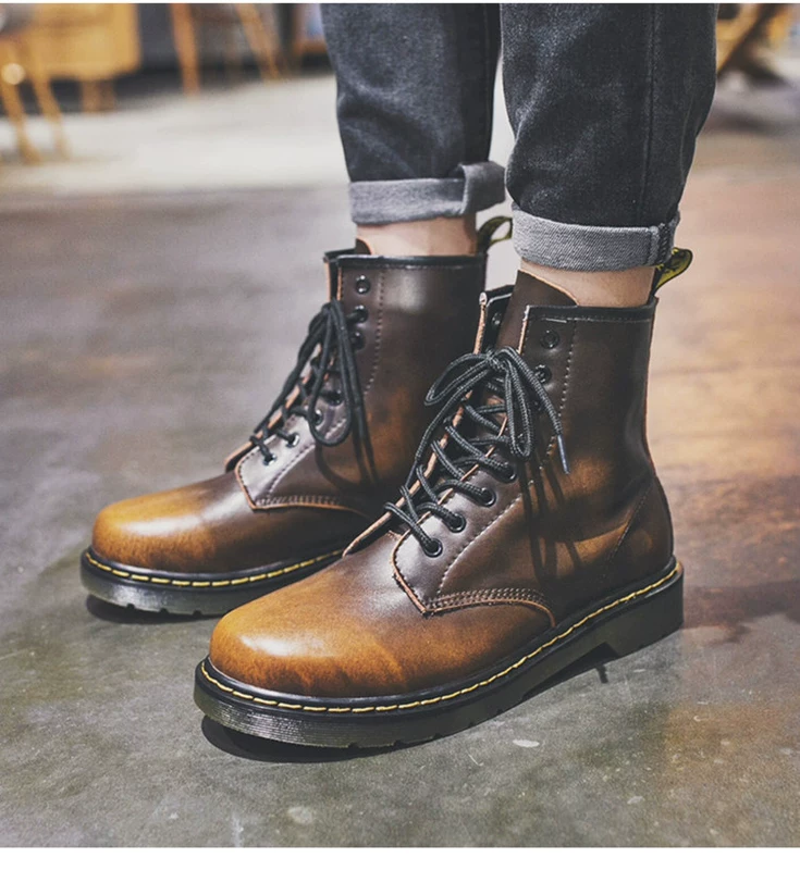 Mùa đông Martin khởi động của nam giới tuyết boots cao để giúp khởi động ngắn khởi động quân sự sa mạc England da thủy triều màu đen dụng cụ ...