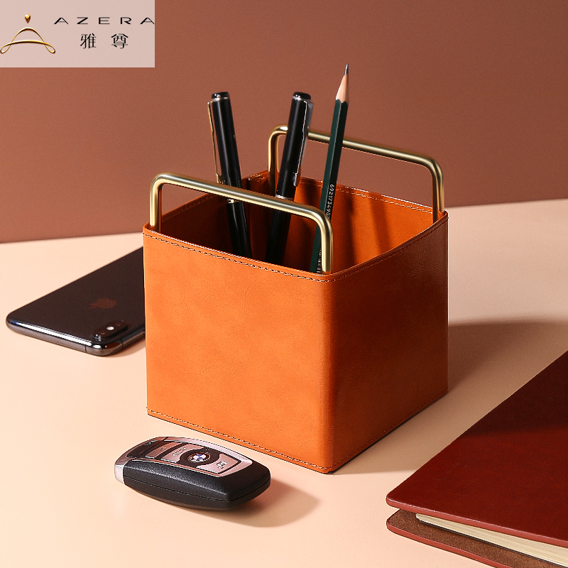 Creative metallic orange desk desk pen holder storage box study American vintage leather remote control storage ornaments