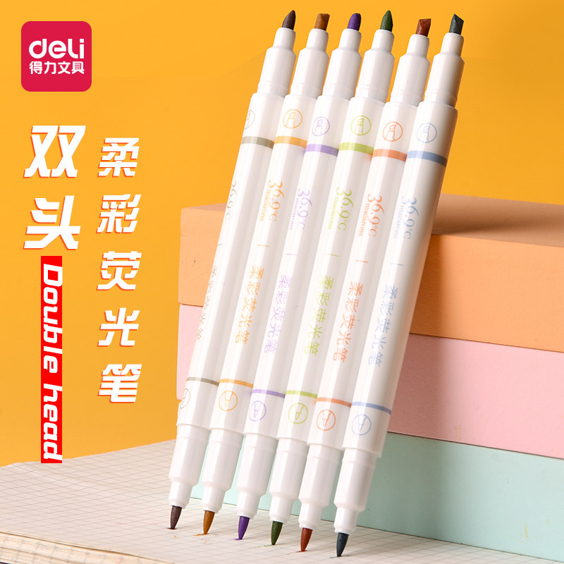 Deli s740 double-headed soft color fluorescent light 6 colors tasteless candy color marker pen Oblique head color marker pen for middle and high school students with rough stroke key hand account pen highlighter pen