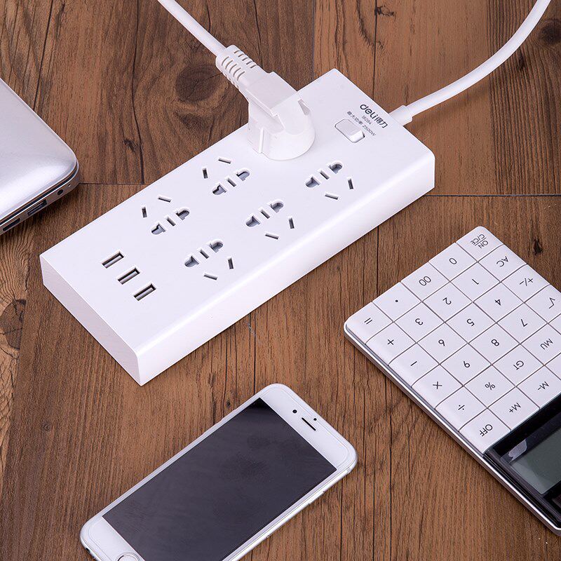 Deli 18284 row plug-in board 6-digit 2m with USB terminal board drag-and-drop power cord office supplies