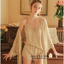 Japanese GP sexy thin pajamas womens summer long sleeve Ice Silk BAO WEN lace sling home suit three-piece set
