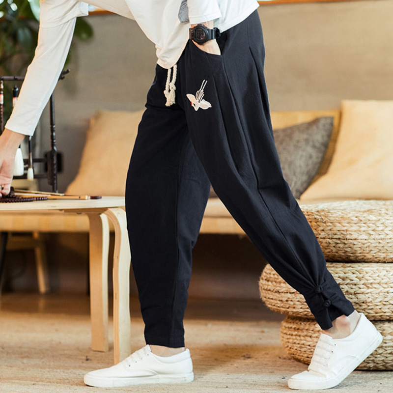 Chinese Wind Men Casual Pants Youth Spring Han Clothing Retro Fairy Crane Embroidery Zen Costume Ancient Wind Pan Buttoned Men's Pants
