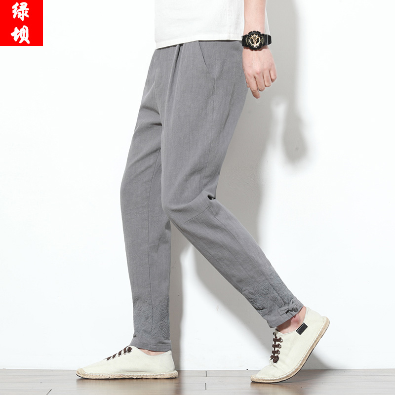 China Wind Linen Casual Pants Men Loose Large Size Thin Trousers Long Pants Closed Small Feet Pure Color Cotton Linen Pants Tide