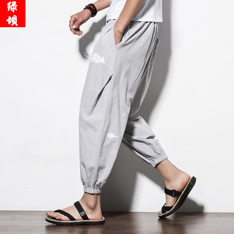 Summer men's 90% pants personality printed bunches foot smoke pipe pants Youth China Wind embroidery Chaumen Costume Hanfu Loose