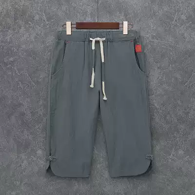 Summer men's Capri pants Chinese shorts tide Youth retro loose Hanfu Chinese style five-point pants Tang suit plate buckle men's