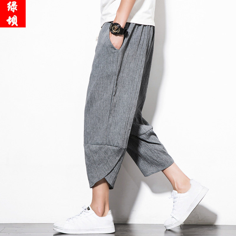 Linen pants Summer Male 70% shorts Chinese Wind Youth Loose Ancient Wind Casual Pants Retro Hanfu Men's Pants