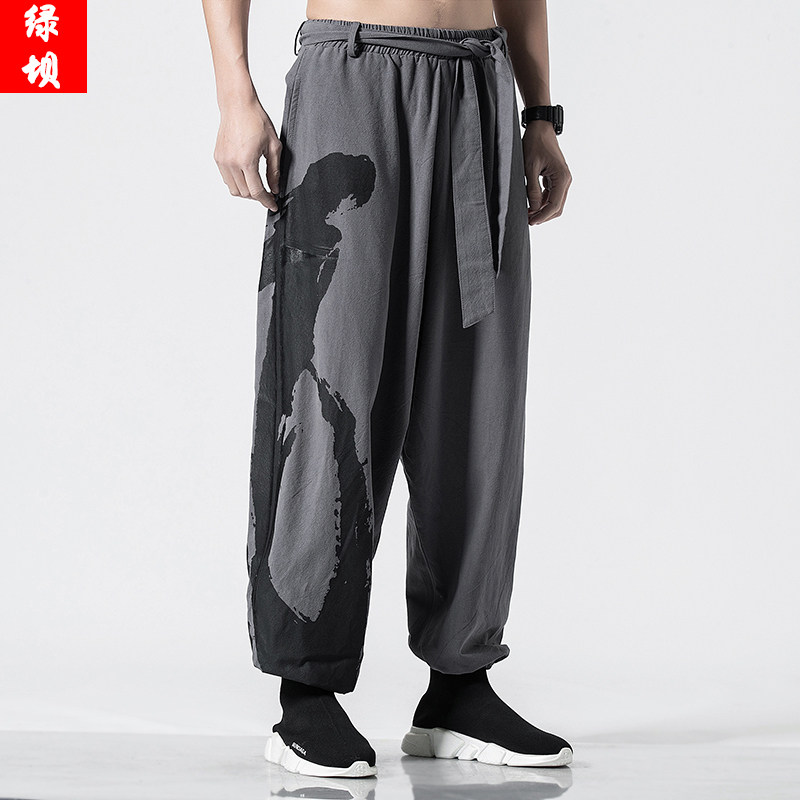 Summer Hangs Personality Harlem Pants Big Crotch Pants Cotton and Linen Men's Balls Chinese Style Linen Print Casual Pants Men