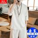 Chinese style two-piece summer short-sleeved suit for men loose cotton and linen ancient costume tea Hanfu monk suit Zen suit Tang suit