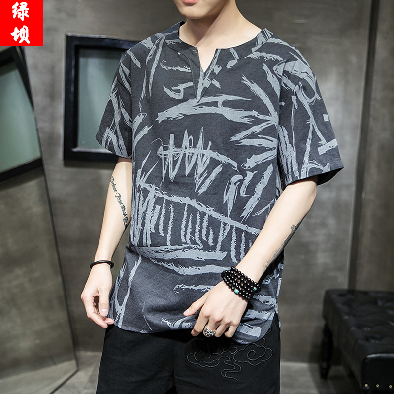 Summer Clothes Men's Clothing Loose T-shirt Short Sleeves Dress Half Sleeves Ancient Wind Hanfu National Wind Men Casual Retro Zen Fu