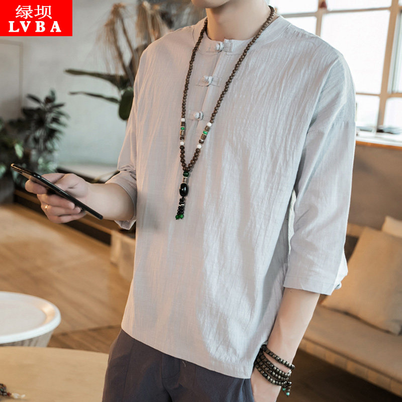 Chinese style Tang suit Chinese style Chinese wind men's clothing youth short sleeve ancient clothing retro linen ancient windy men 70% sleeves T-shirts