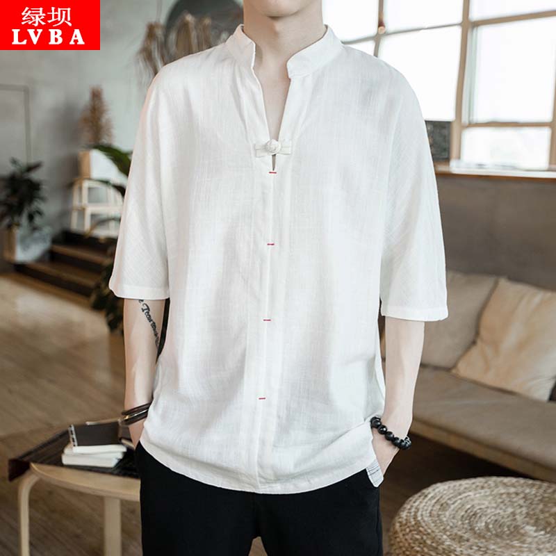 Summer retro youth cotton linen T-shirt short sleeve men's large size blouse V collar Chinese wind men's 70% sleeves clothes damp