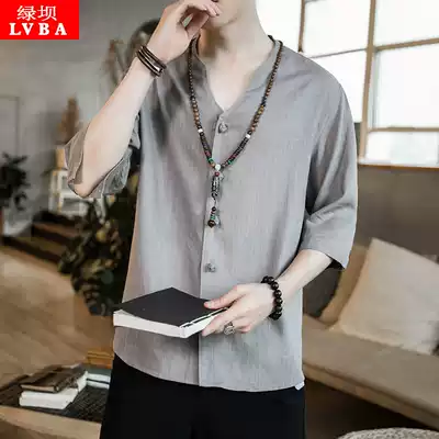 Linen shirt men's short sleeve Chinese modified top summer vintage Chinese style men's buckle tea Zen clerk Hanfu
