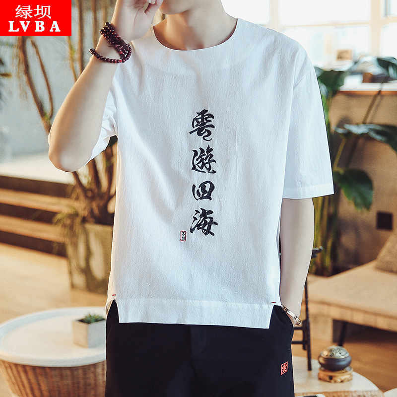Summer China Wind linen Short sleeves Male loose large size Fat Weight Middle Sleeve Youth T-shirt Embroidery Casual Half Sleeve Clothes