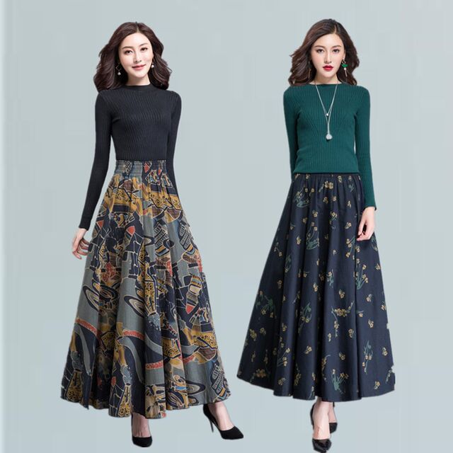 Women's Spring and Autumn Cotton and Linen Skirts Square Dance Big Swing Skirts Flower and Color Dancing Retro Ethnic Style Mom Half Skirts