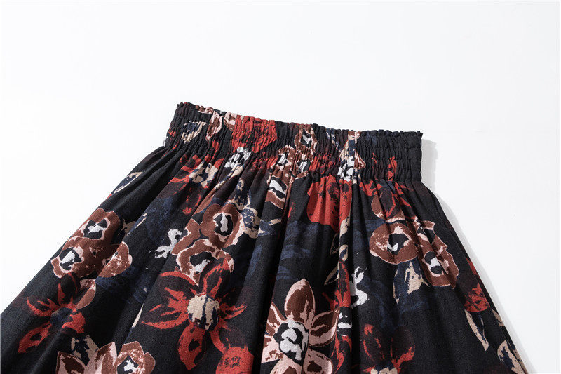 Female Cotton Linen Autumn Vintage Plus Size a-line High Waist National Fashion Big Flower Maxi Ladies Skirts for Womens