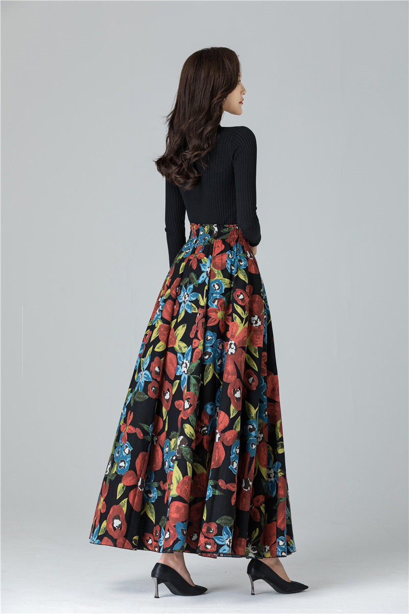 Female Cotton Linen Autumn Vintage Plus Size a-line High Waist National Fashion Big Flower Maxi Ladies Skirts for Womens