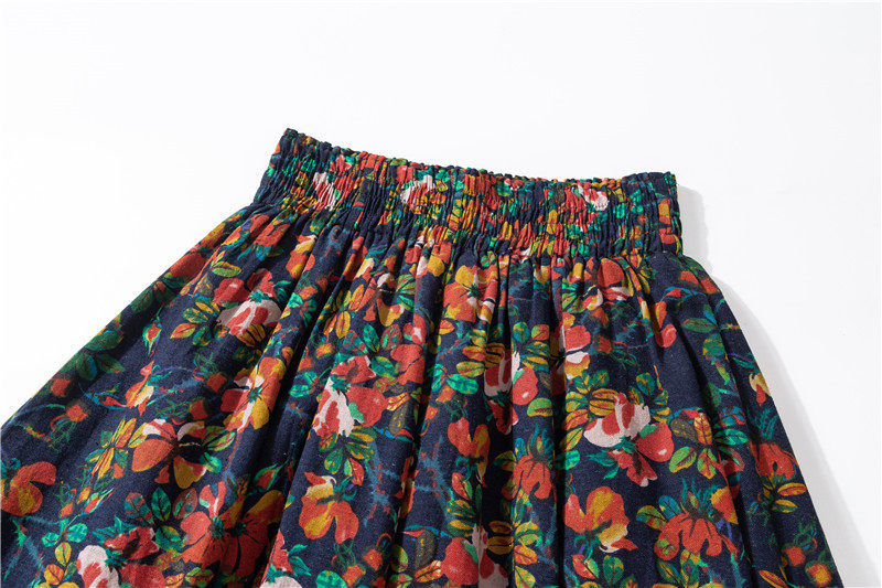 Female Cotton Linen Autumn Vintage Plus Size a-line High Waist National Fashion Big Flower Maxi Ladies Skirts for Womens