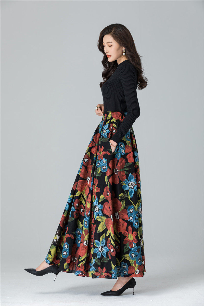 Female Cotton Linen Autumn Vintage Plus Size a-line High Waist National Fashion Big Flower Maxi Ladies Skirts for Womens