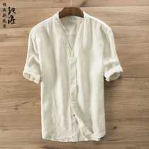 Linen shirt Men stand collar loose thin section short-sleeved cotton linen shirt summer solid color large size mid-sleeve top Chinese style