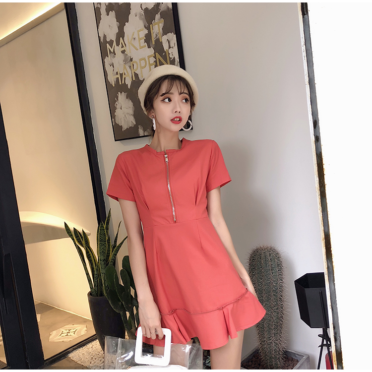 VK旗艦店 韓系荷葉邊裙子氣質純色短袖洋裝
