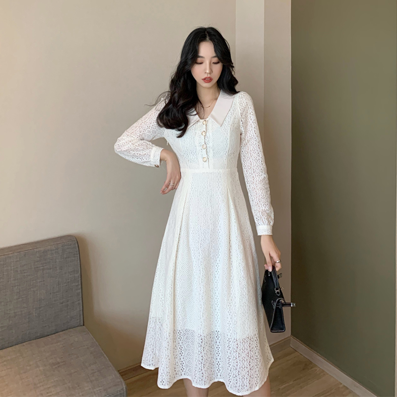 Real shot real price Korean women's clothing temperament lace dress high end light luxury goddess fan Mingyuan lace tea break dress
