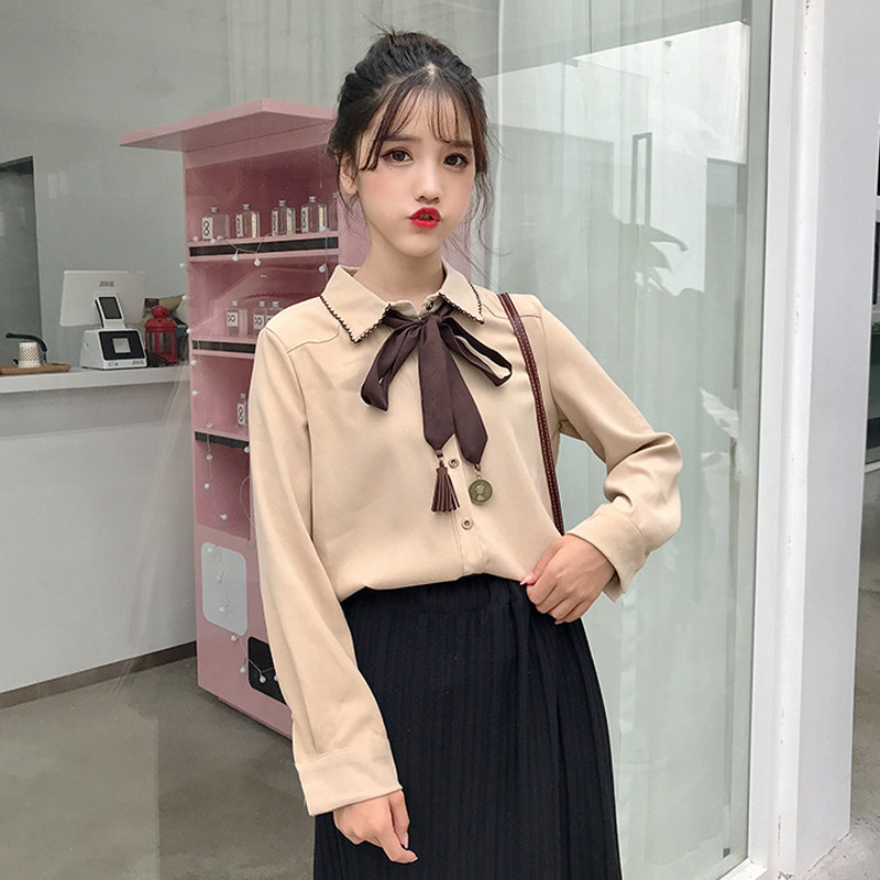 Real price Korean women's dress sweet tie bow shirt fashion thickened thin shirt girl