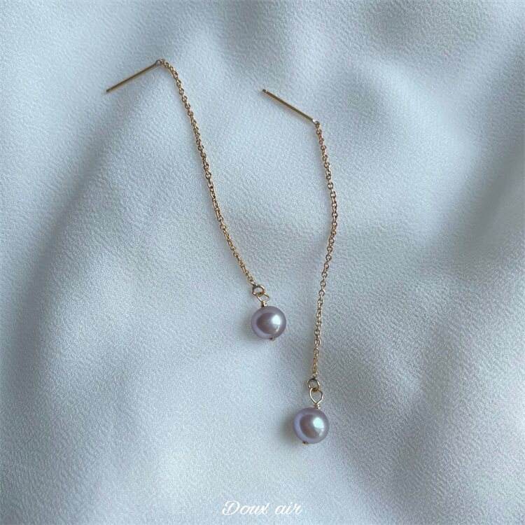 Absolute Sweet Air Silver Grey Pearl Near Round Glare ear necklace 14k Baugold Temperament 100 Hitch-length Ears Pendant THIN COMMUTE