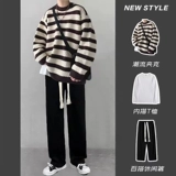 Демисезонный трендовый трикотажный свитер для отдыха, штаны, комплект, свободный прямой крой, 3 предмета