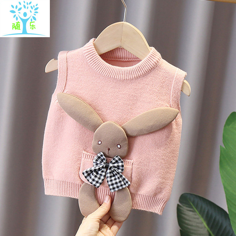 Girls' vest spring and autumn thin section baby knitted sweater outside wear waistcoat children's infant Western style pullover vest vest