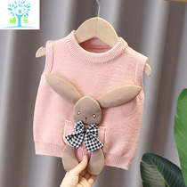 Girls waistcoat spring and autumn thin baby needle weaselweaters outside wearing kshoulder children baby foreign air sleeve head vest waistcoat